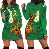 Hawaii Turtle Plumeria Flower Hoodie Dress Polynesian Pattern Green Color