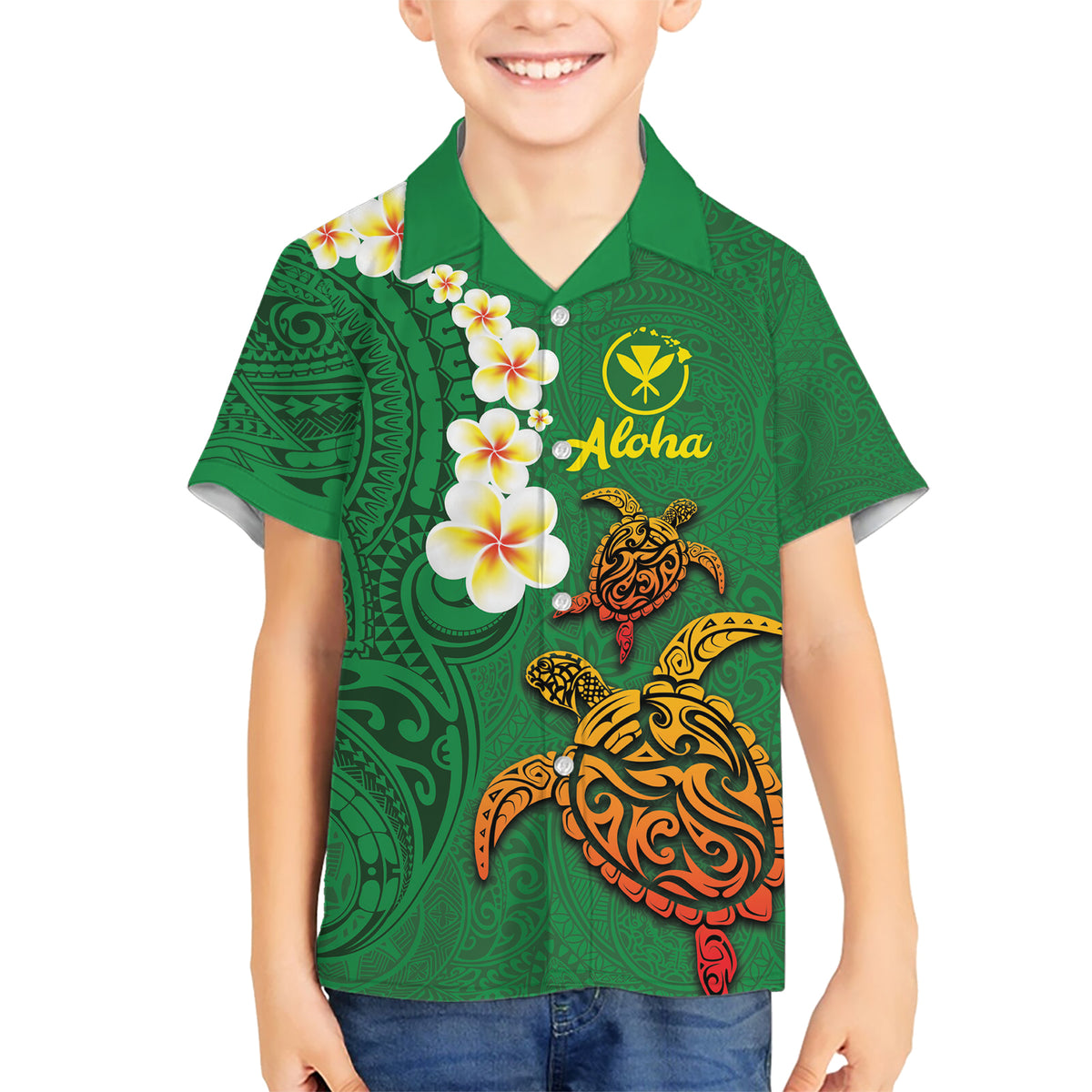 Hawaii Turtle Plumeria Flower Kid Hawaiian Shirt Polynesian Pattern Green Color