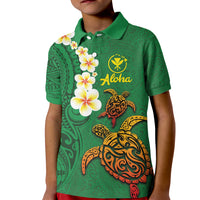 Hawaii Turtle Plumeria Flower Kid Polo Shirt Polynesian Pattern Green Color