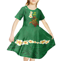 Hawaii Turtle Plumeria Flower Kid Short Sleeve Dress Polynesian Pattern Green Color