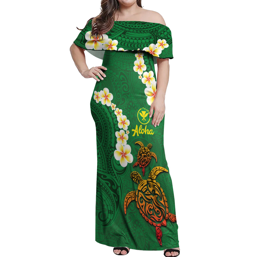 Hawaii Turtle Plumeria Flower Off Shoulder Maxi Dress Polynesian Pattern Green Color