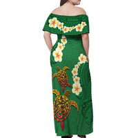 Hawaii Turtle Plumeria Flower Off Shoulder Maxi Dress Polynesian Pattern Green Color