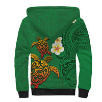 Hawaii Turtle Plumeria Flower Sherpa Hoodie Polynesian Pattern Green Color