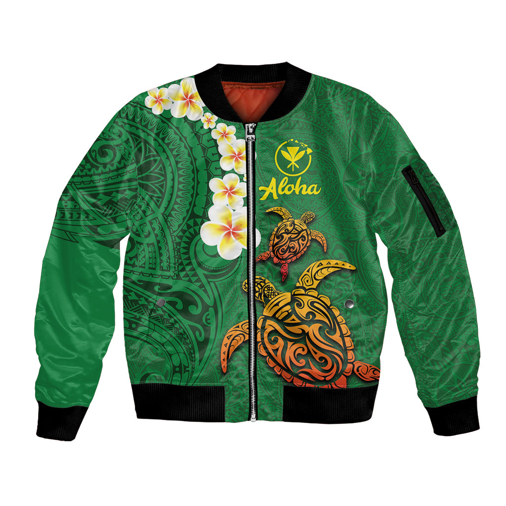 Hawaii Turtle Plumeria Flower Sleeve Zip Bomber Jacket Polynesian Pattern Green Color