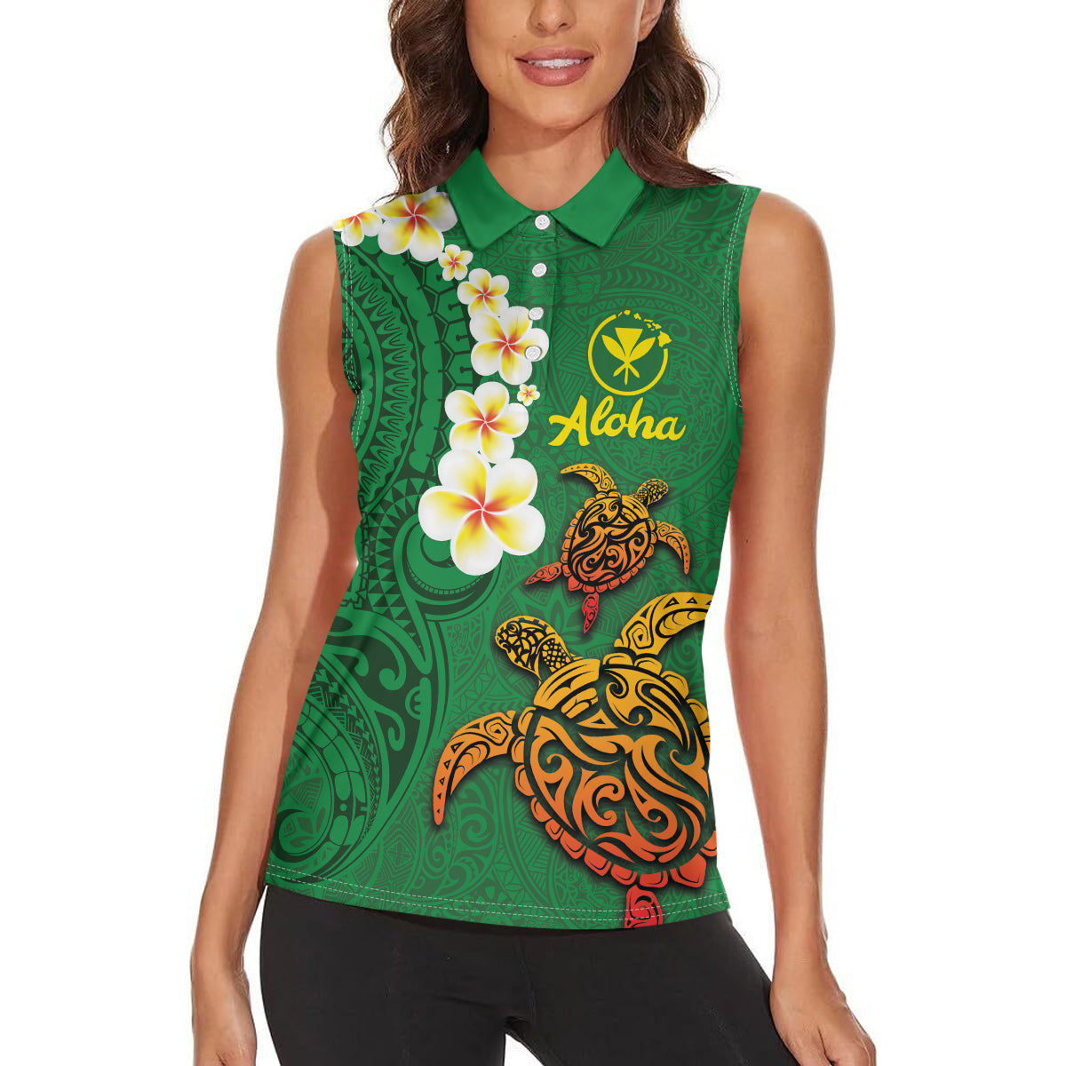 Hawaii Turtle Plumeria Flower Women Sleeveless Polo Shirt Polynesian Pattern Green Color