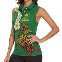 Hawaii Turtle Plumeria Flower Women Sleeveless Polo Shirt Polynesian Pattern Green Color