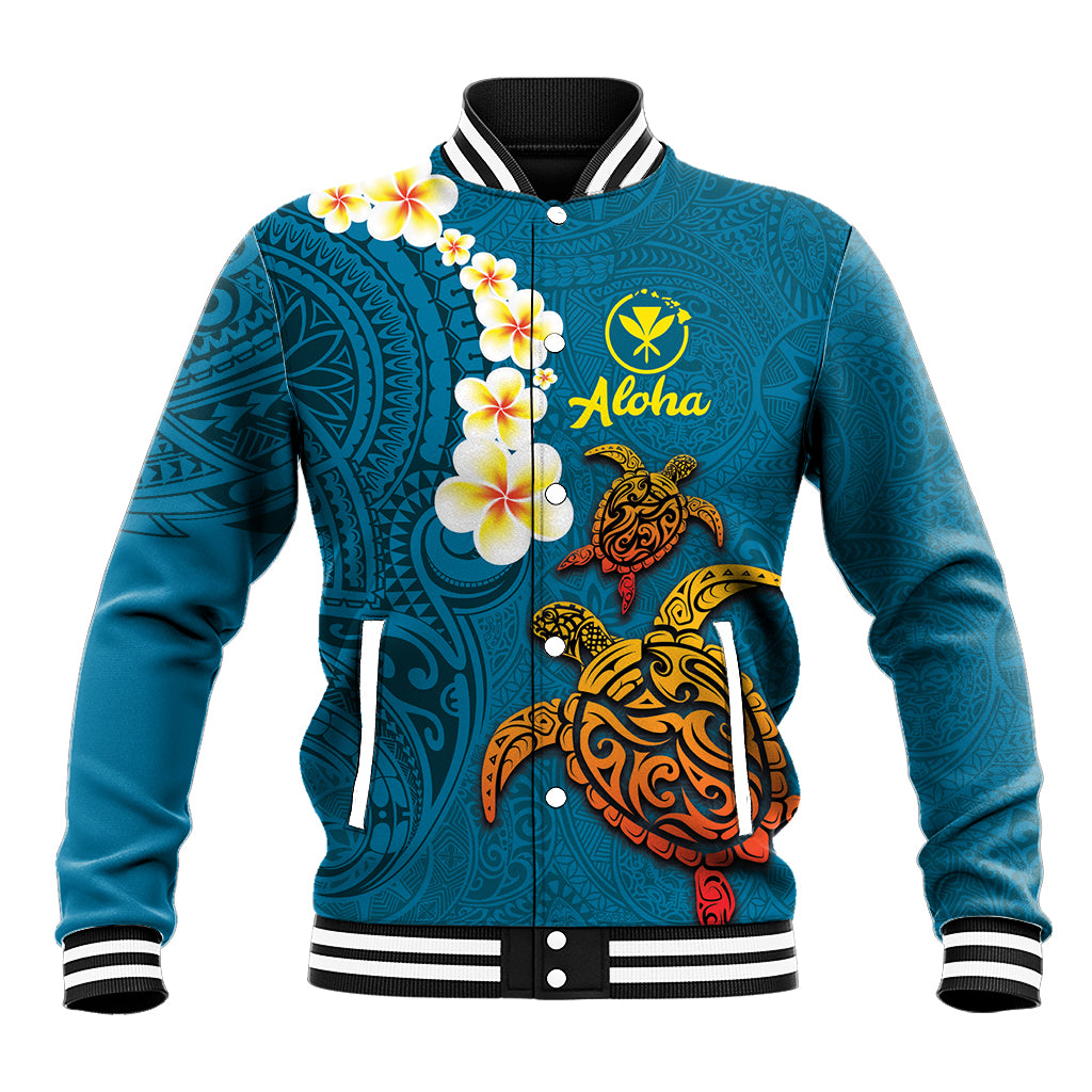 Hawaii Turtle Plumeria Flower Baseball Jacket Polynesian Pattern Blue Color
