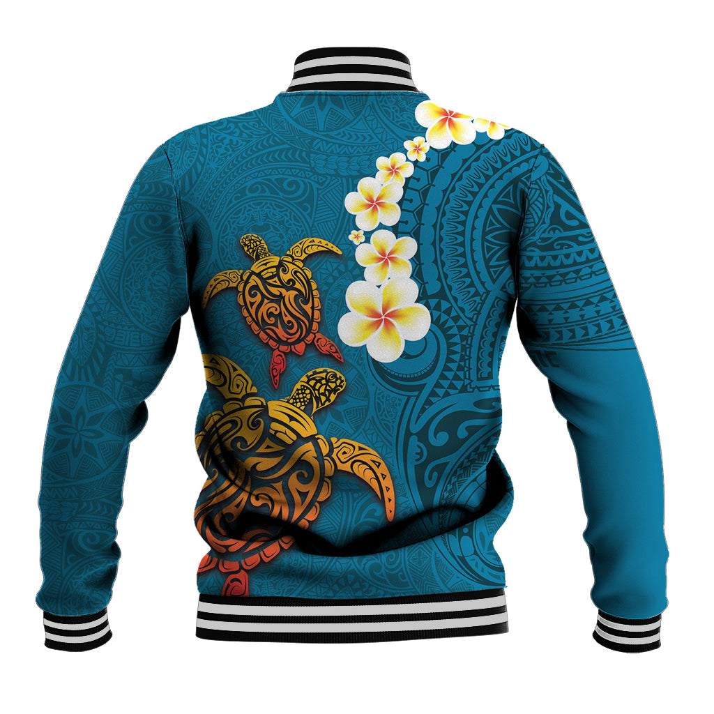 Hawaii Turtle Plumeria Flower Baseball Jacket Polynesian Pattern Blue Color