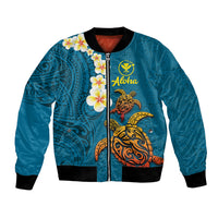 Hawaii Turtle Plumeria Flower Bomber Jacket Polynesian Pattern Blue Color