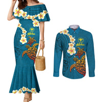Hawaii Turtle Plumeria Flower Couples Matching Mermaid Dress and Long Sleeve Button Shirt Polynesian Pattern Blue Color LT03 Blue - Polynesian Pride