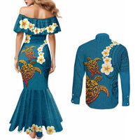 Hawaii Turtle Plumeria Flower Couples Matching Mermaid Dress and Long Sleeve Button Shirt Polynesian Pattern Blue Color LT03 - Polynesian Pride