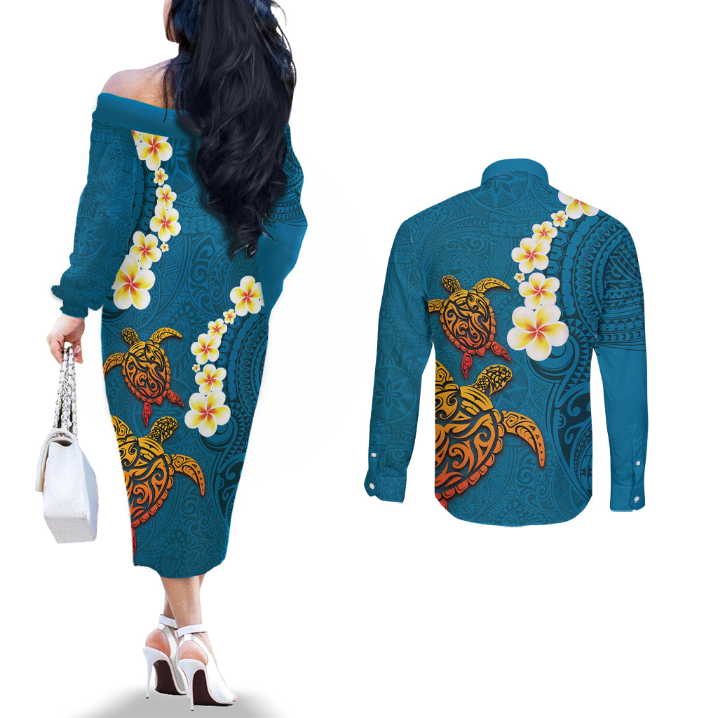 Hawaii Turtle Plumeria Flower Couples Matching Off The Shoulder Long Sleeve Dress and Long Sleeve Button Shirt Polynesian Pattern Blue Color