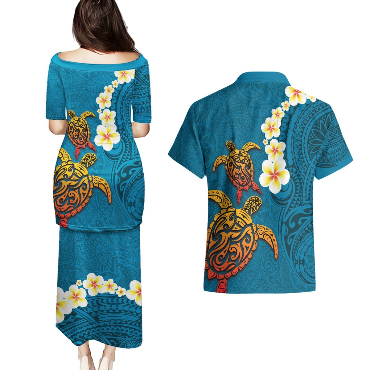 Hawaii Turtle Plumeria Flower Couples Matching Puletasi and Hawaiian Shirt Polynesian Pattern Blue Color