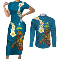 Hawaii Turtle Plumeria Flower Couples Matching Short Sleeve Bodycon Dress and Long Sleeve Button Shirt Polynesian Pattern Blue Color