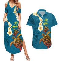 Hawaii Turtle Plumeria Flower Couples Matching Summer Maxi Dress and Hawaiian Shirt Polynesian Pattern Blue Color LT03 Blue - Polynesian Pride