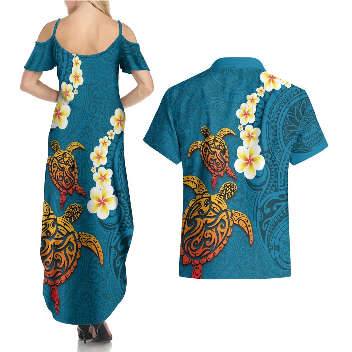 Hawaii Turtle Plumeria Flower Couples Matching Summer Maxi Dress and Hawaiian Shirt Polynesian Pattern Blue Color LT03 - Polynesian Pride