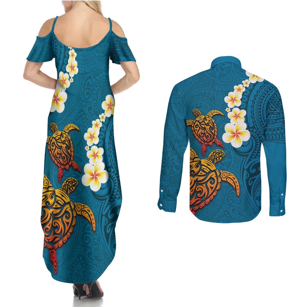 Hawaii Turtle Plumeria Flower Couples Matching Summer Maxi Dress and Long Sleeve Button Shirt Polynesian Pattern Blue Color