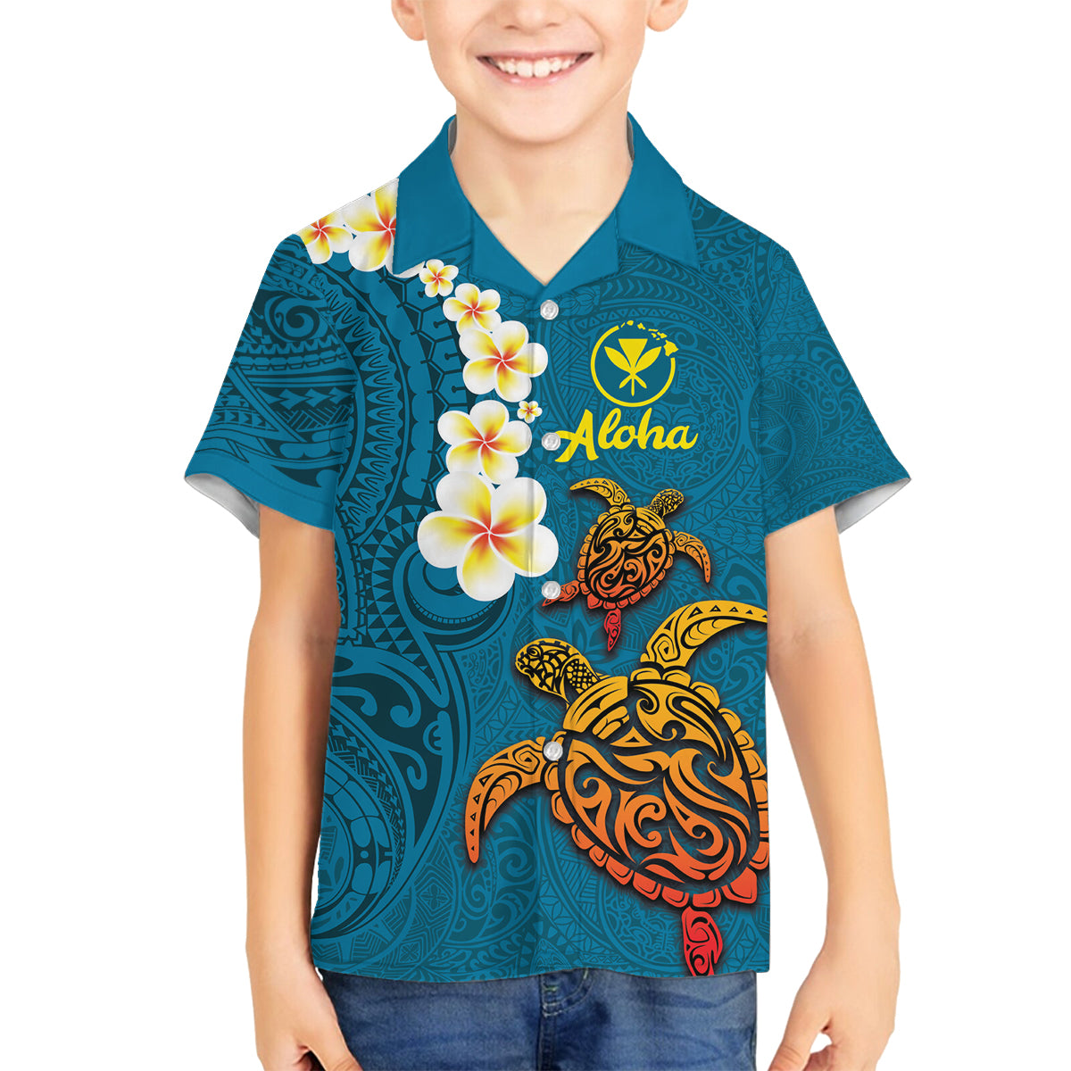 Hawaii Turtle Plumeria Flower Family Matching Off Shoulder Maxi Dress and Hawaiian Shirt Polynesian Pattern Blue Color