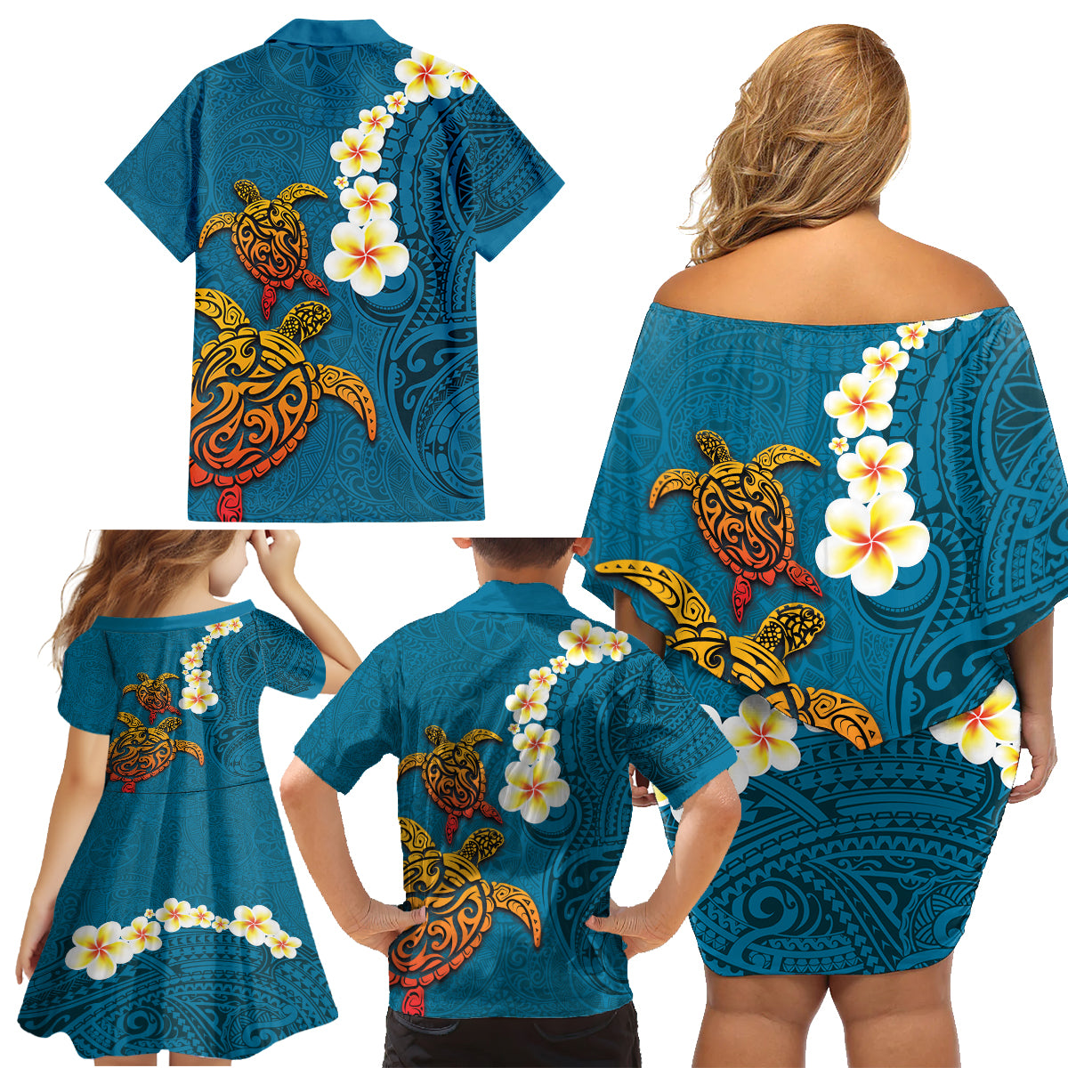 Hawaii Turtle Plumeria Flower Family Matching Off Shoulder Short Dress and Hawaiian Shirt Polynesian Pattern Blue Color