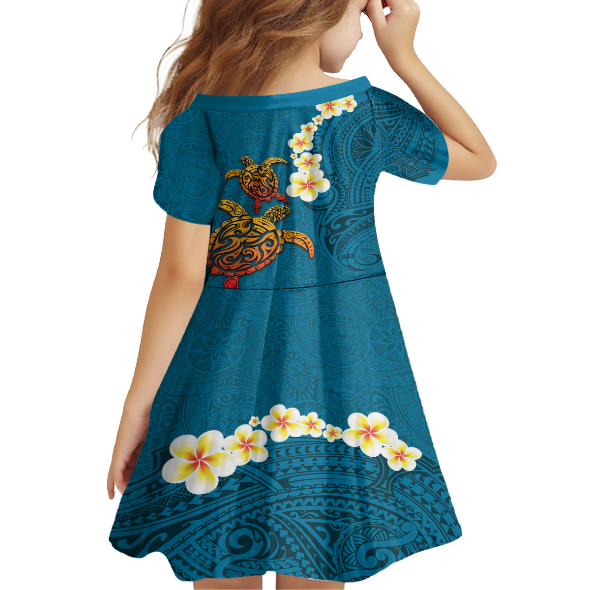 Hawaii Turtle Plumeria Flower Family Matching Tank Maxi Dress and Hawaiian Shirt Polynesian Pattern Blue Color