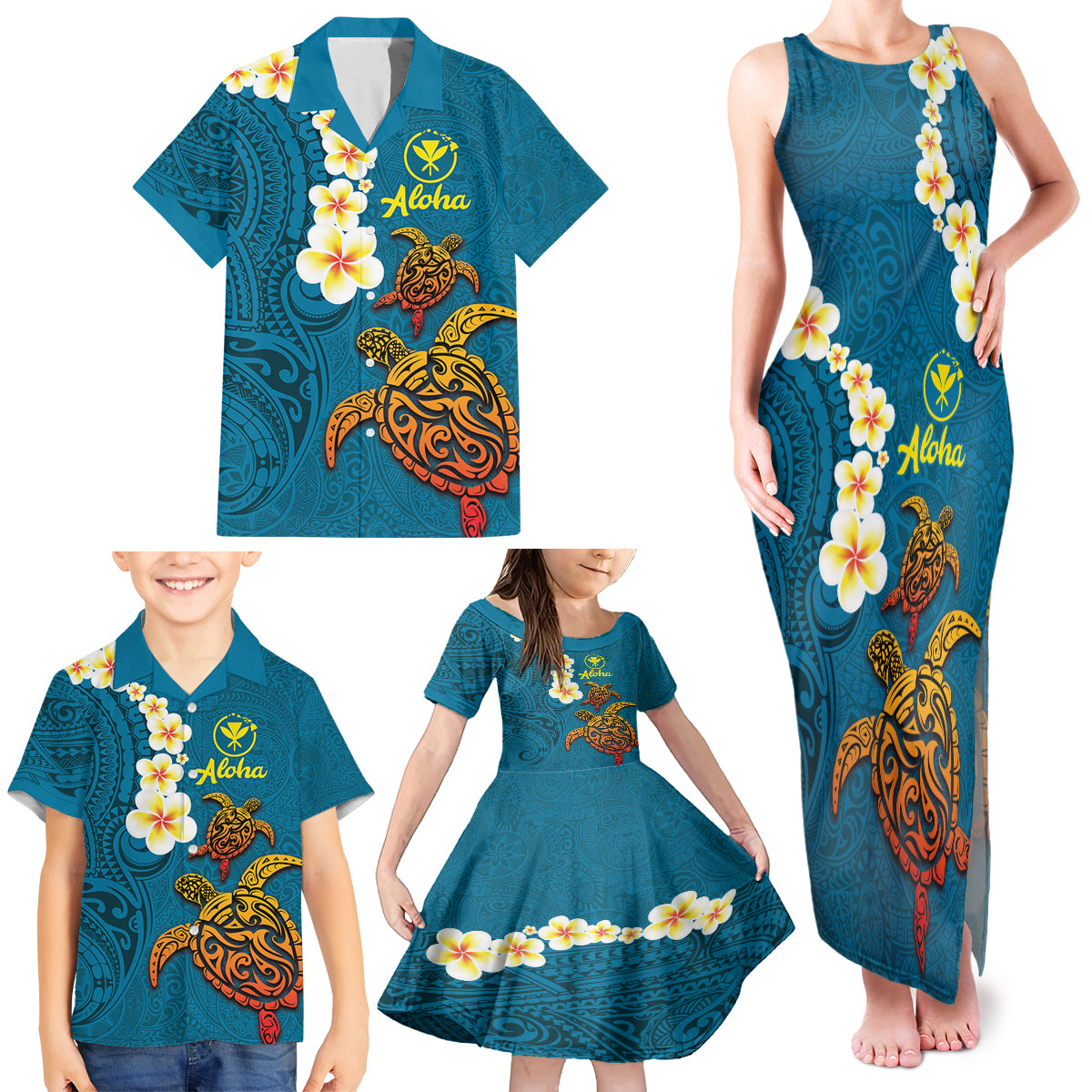 Hawaii Turtle Plumeria Flower Family Matching Tank Maxi Dress and Hawaiian Shirt Polynesian Pattern Blue Color