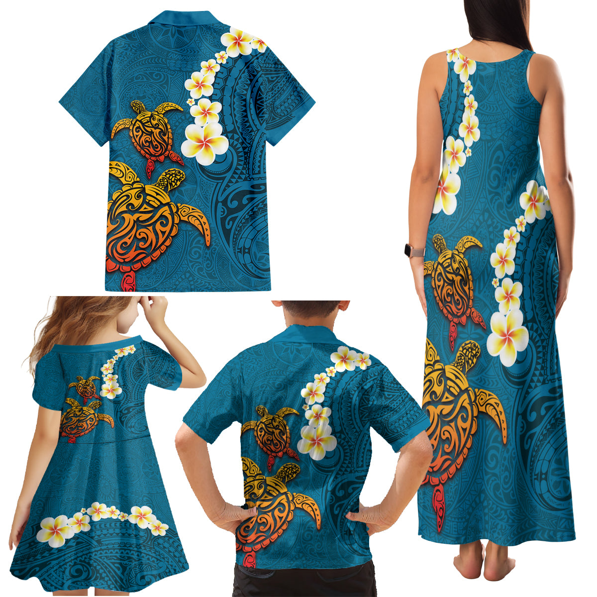 Hawaii Turtle Plumeria Flower Family Matching Tank Maxi Dress and Hawaiian Shirt Polynesian Pattern Blue Color