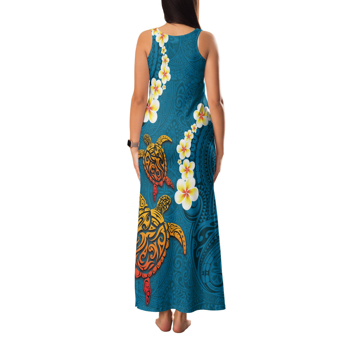 Hawaii Turtle Plumeria Flower Family Matching Tank Maxi Dress and Hawaiian Shirt Polynesian Pattern Blue Color