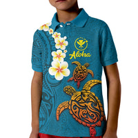 Hawaii Turtle Plumeria Flower Kid Polo Shirt Polynesian Pattern Blue Color