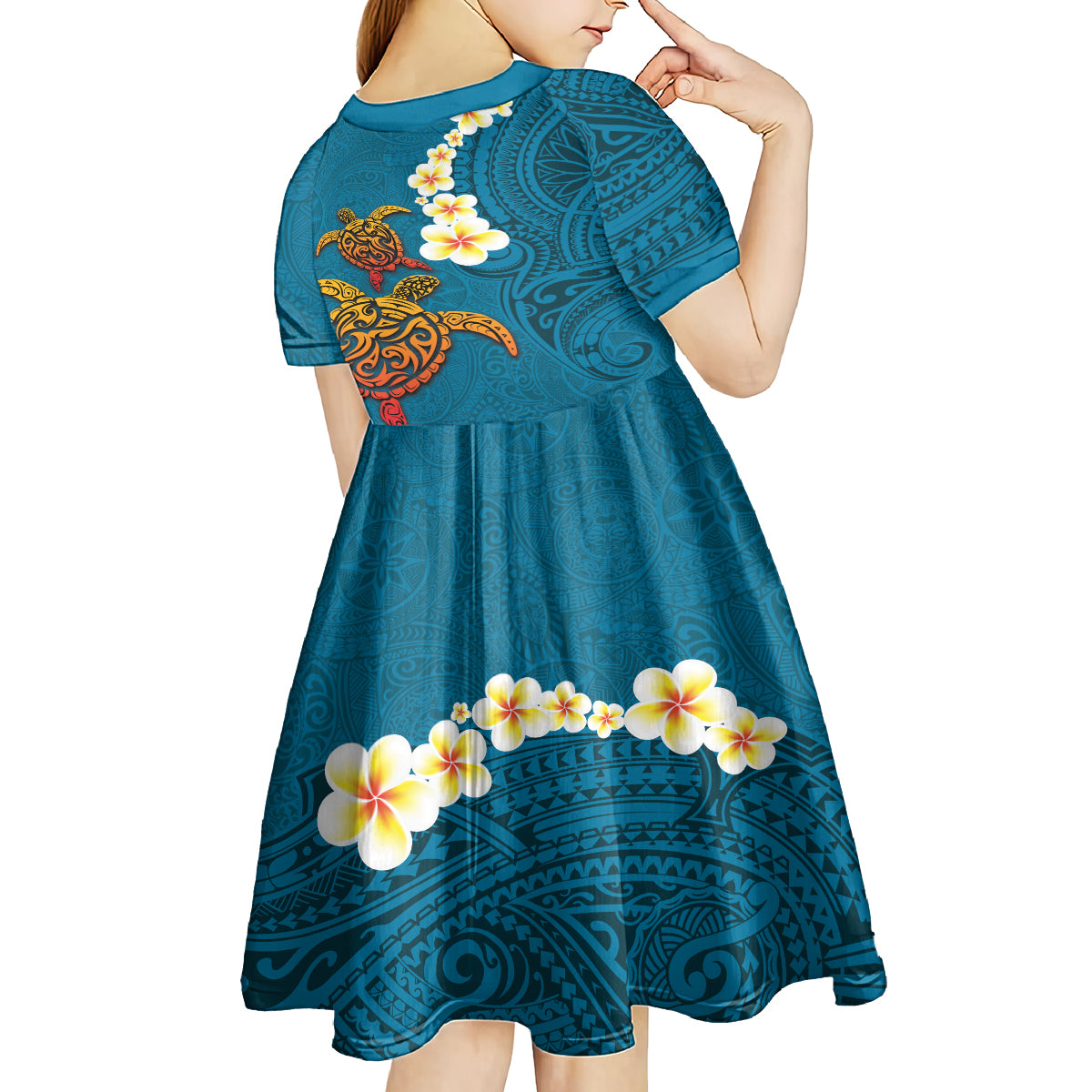 Hawaii Turtle Plumeria Flower Kid Short Sleeve Dress Polynesian Pattern Blue Color