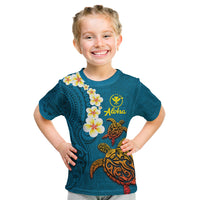 Hawaii Turtle Plumeria Flower Kid T Shirt Polynesian Pattern Blue Color