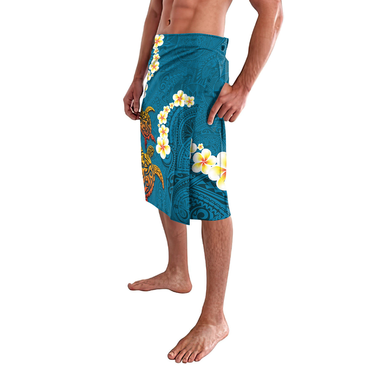 Hawaii Turtle Plumeria Flower Lavalava Polynesian Pattern Blue Color