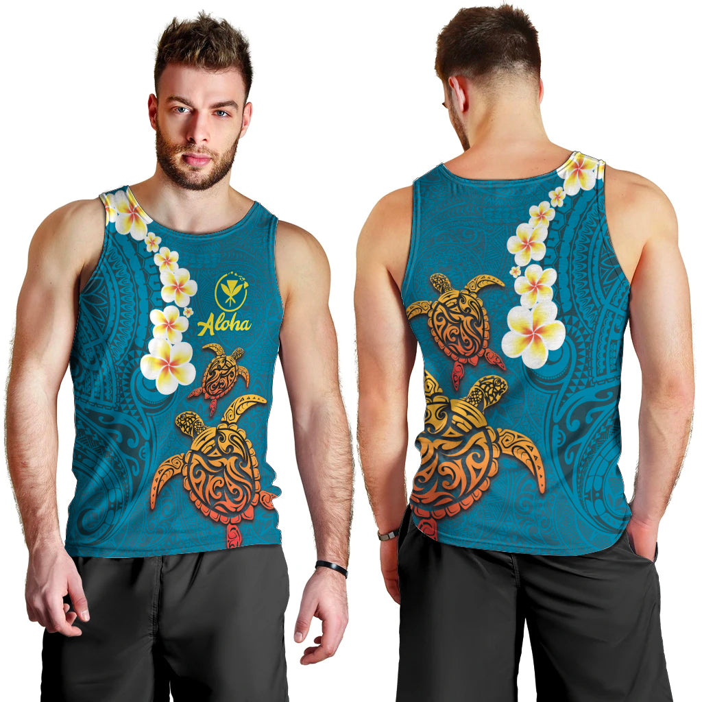 Hawaii Turtle Plumeria Flower Men Tank Top Polynesian Pattern Blue Color