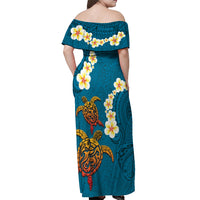Hawaii Turtle Plumeria Flower Off Shoulder Maxi Dress Polynesian Pattern Blue Color