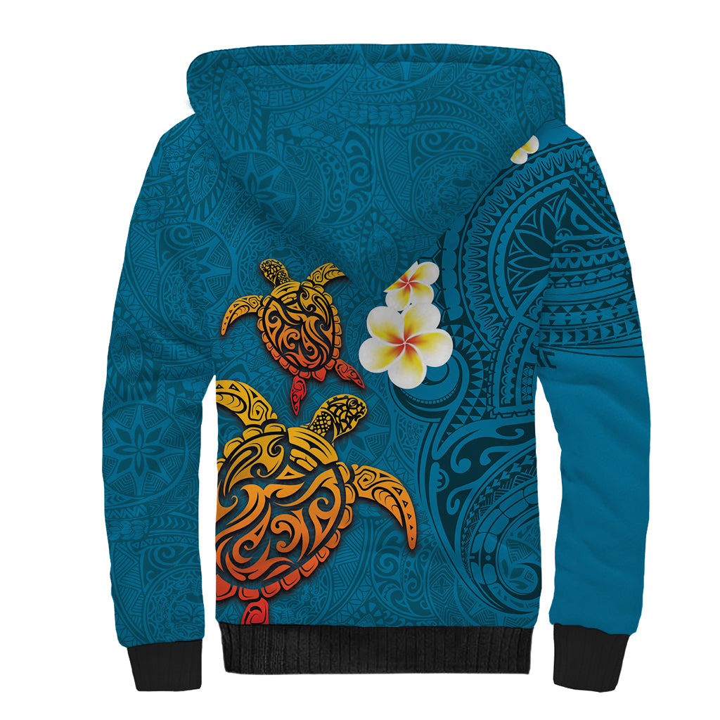 Hawaii Turtle Plumeria Flower Sherpa Hoodie Polynesian Pattern Blue Color
