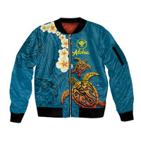 Hawaii Turtle Plumeria Flower Sleeve Zip Bomber Jacket Polynesian Pattern Blue Color