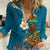 Hawaii Turtle Plumeria Flower Women Casual Shirt Polynesian Pattern Blue Color