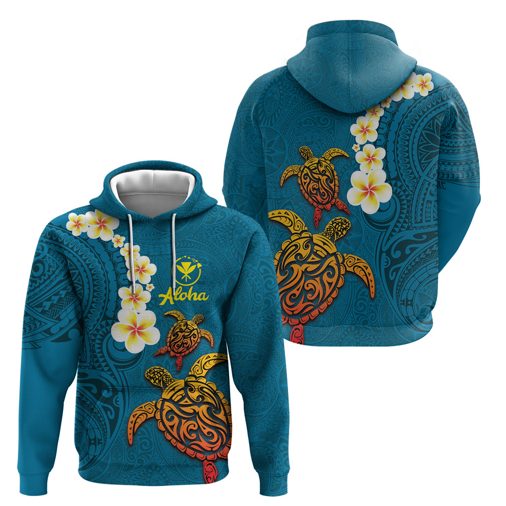 Hawaii Turtle Plumeria Flower Zip Hoodie Polynesian Pattern Blue Color
