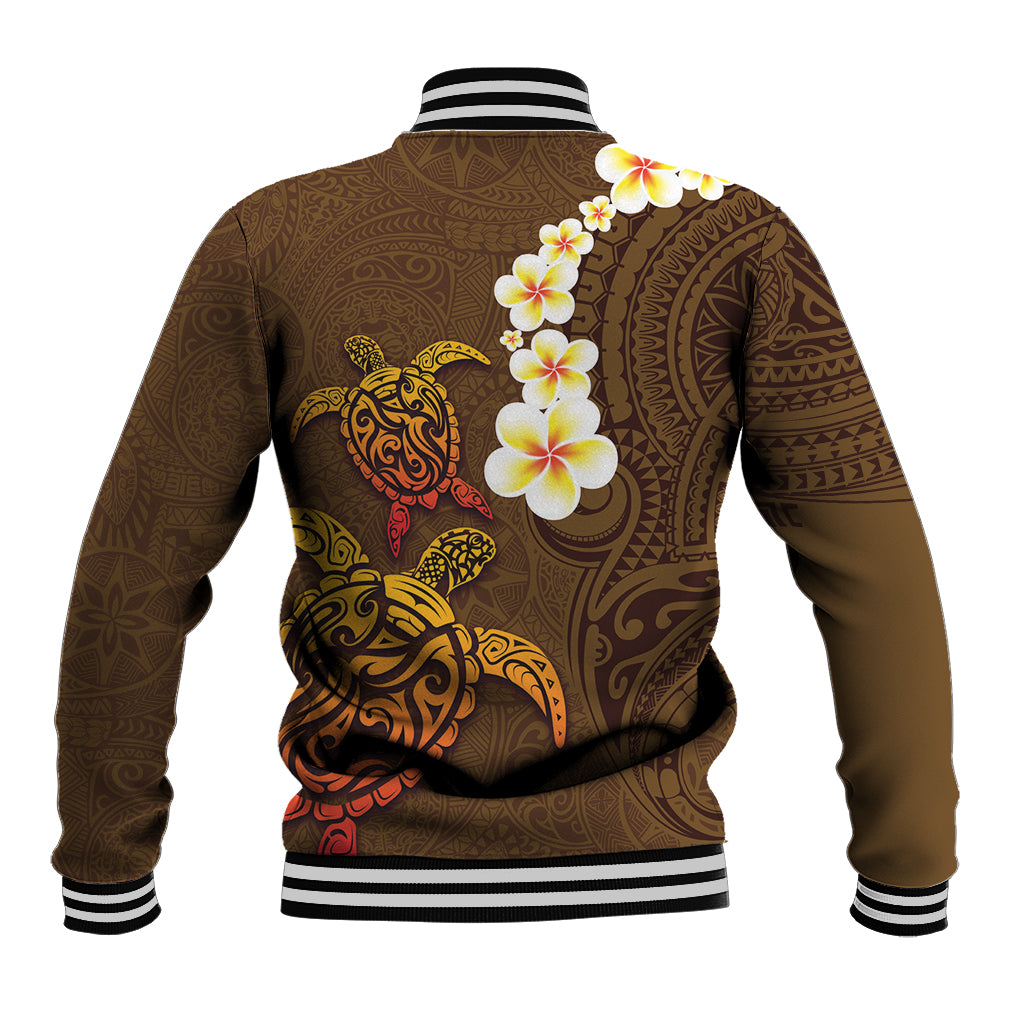 Hawaii Turtle Plumeria Flower Baseball Jacket Polynesian Pattern Brown Color