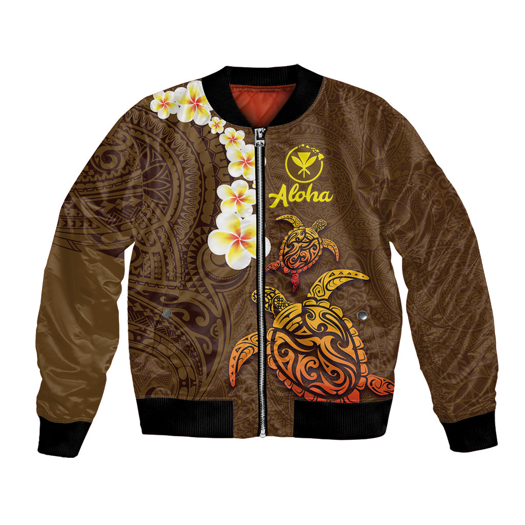 Hawaii Turtle Plumeria Flower Bomber Jacket Polynesian Pattern Brown Color