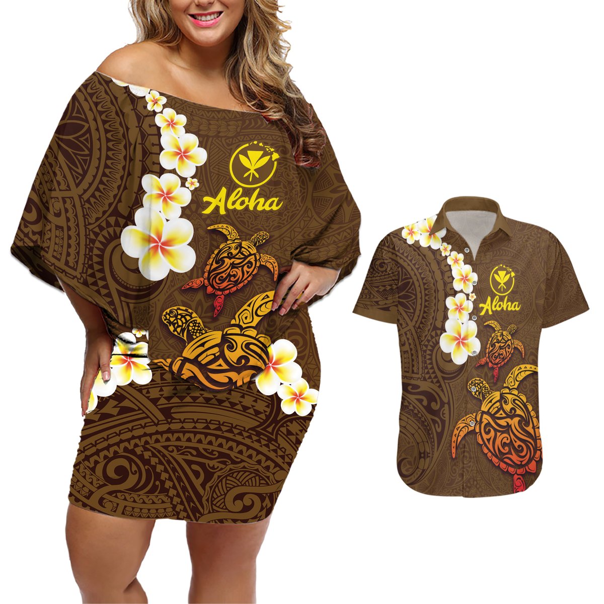 Hawaii Turtle Plumeria Flower Couples Matching Off Shoulder Short Dress and Hawaiian Shirt Polynesian Pattern Brown Color