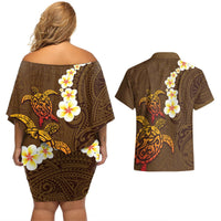 Hawaii Turtle Plumeria Flower Couples Matching Off Shoulder Short Dress and Hawaiian Shirt Polynesian Pattern Brown Color