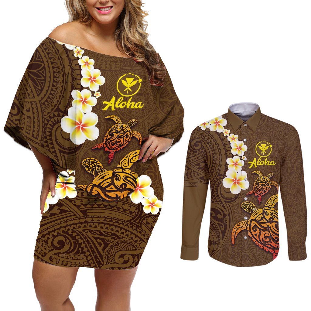 Hawaii Turtle Plumeria Flower Couples Matching Off Shoulder Short Dress and Long Sleeve Button Shirt Polynesian Pattern Brown Color LT03 Brown - Polynesian Pride