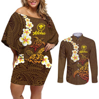Hawaii Turtle Plumeria Flower Couples Matching Off Shoulder Short Dress and Long Sleeve Button Shirt Polynesian Pattern Brown Color LT03 Brown - Polynesian Pride