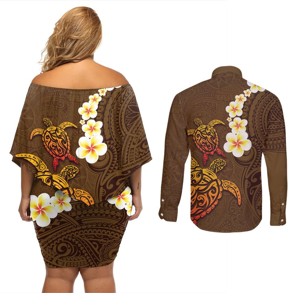 Hawaii Turtle Plumeria Flower Couples Matching Off Shoulder Short Dress and Long Sleeve Button Shirt Polynesian Pattern Brown Color LT03 - Polynesian Pride