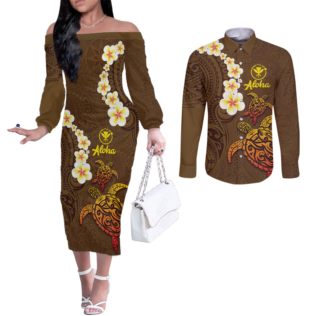 Hawaii Turtle Plumeria Flower Couples Matching Off The Shoulder Long Sleeve Dress and Long Sleeve Button Shirt Polynesian Pattern Brown Color