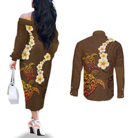 Hawaii Turtle Plumeria Flower Couples Matching Off The Shoulder Long Sleeve Dress and Long Sleeve Button Shirt Polynesian Pattern Brown Color