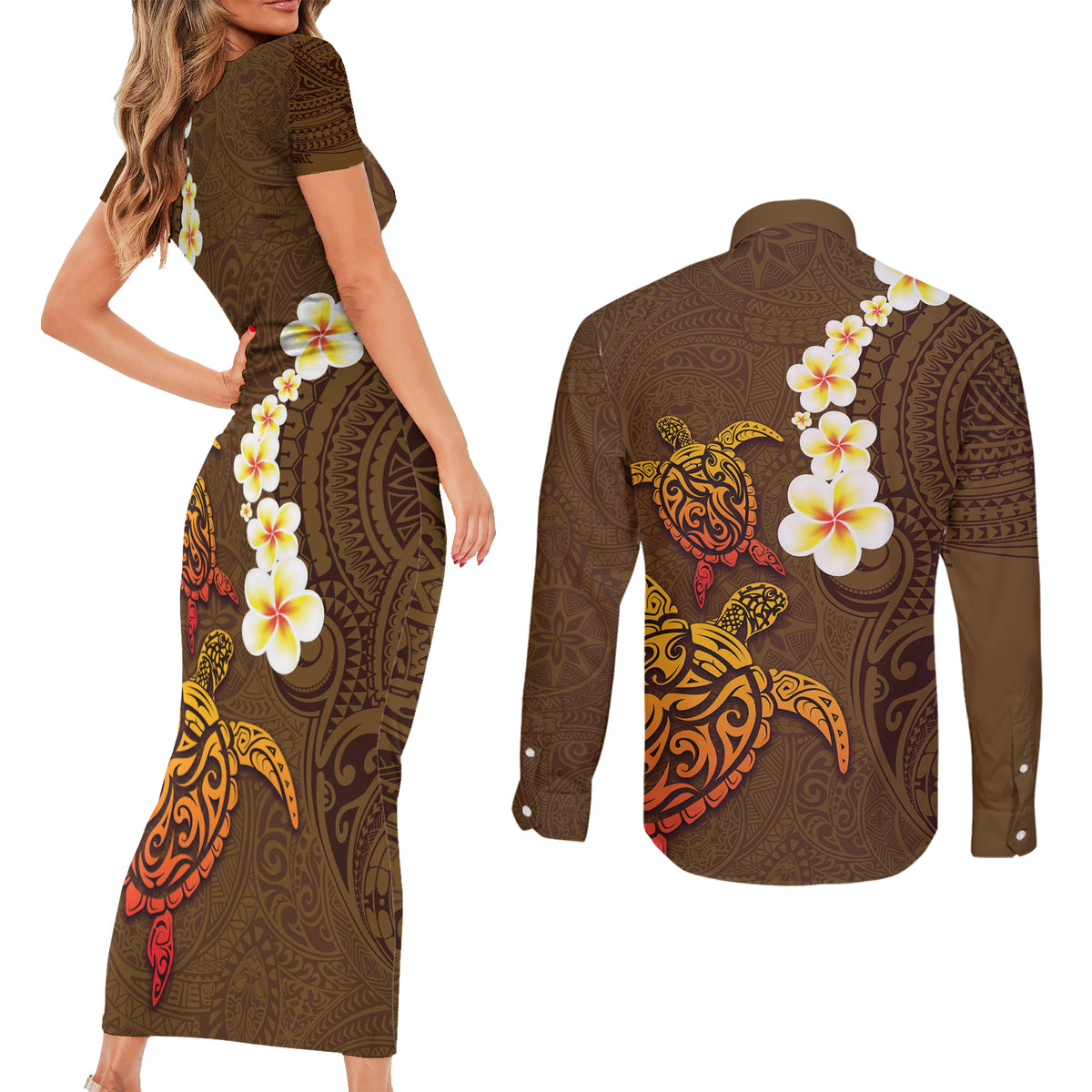 Hawaii Turtle Plumeria Flower Couples Matching Short Sleeve Bodycon Dress and Long Sleeve Button Shirt Polynesian Pattern Brown Color