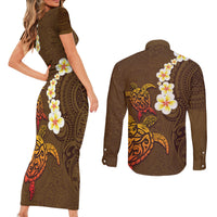 Hawaii Turtle Plumeria Flower Couples Matching Short Sleeve Bodycon Dress and Long Sleeve Button Shirt Polynesian Pattern Brown Color