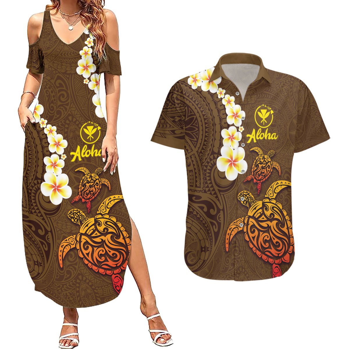 Hawaii Turtle Plumeria Flower Couples Matching Summer Maxi Dress and Hawaiian Shirt Polynesian Pattern Brown Color