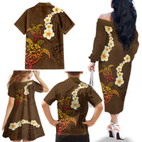Hawaii Turtle Plumeria Flower Family Matching Off The Shoulder Long Sleeve Dress and Hawaiian Shirt Polynesian Pattern Brown Color